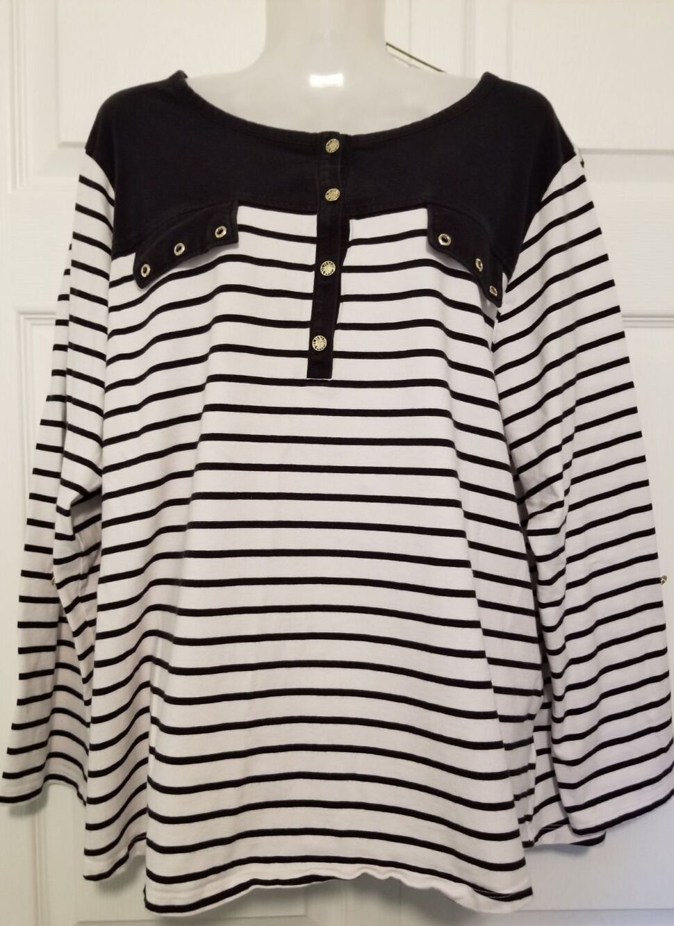 Anne Klein Sport Women's Top Nautical Stripe Black & White Round Neck Size 2X